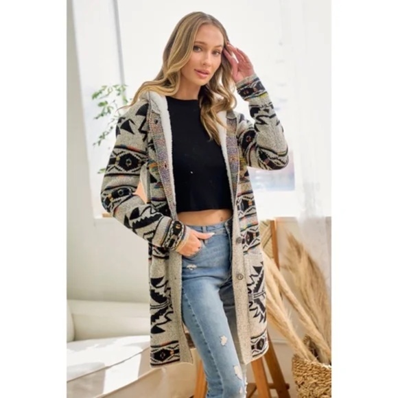 Oatmeal Rainbow Aztec Sherpa Lined Knit Button Hooded Cardigan Sweater - Picture 3 of 6